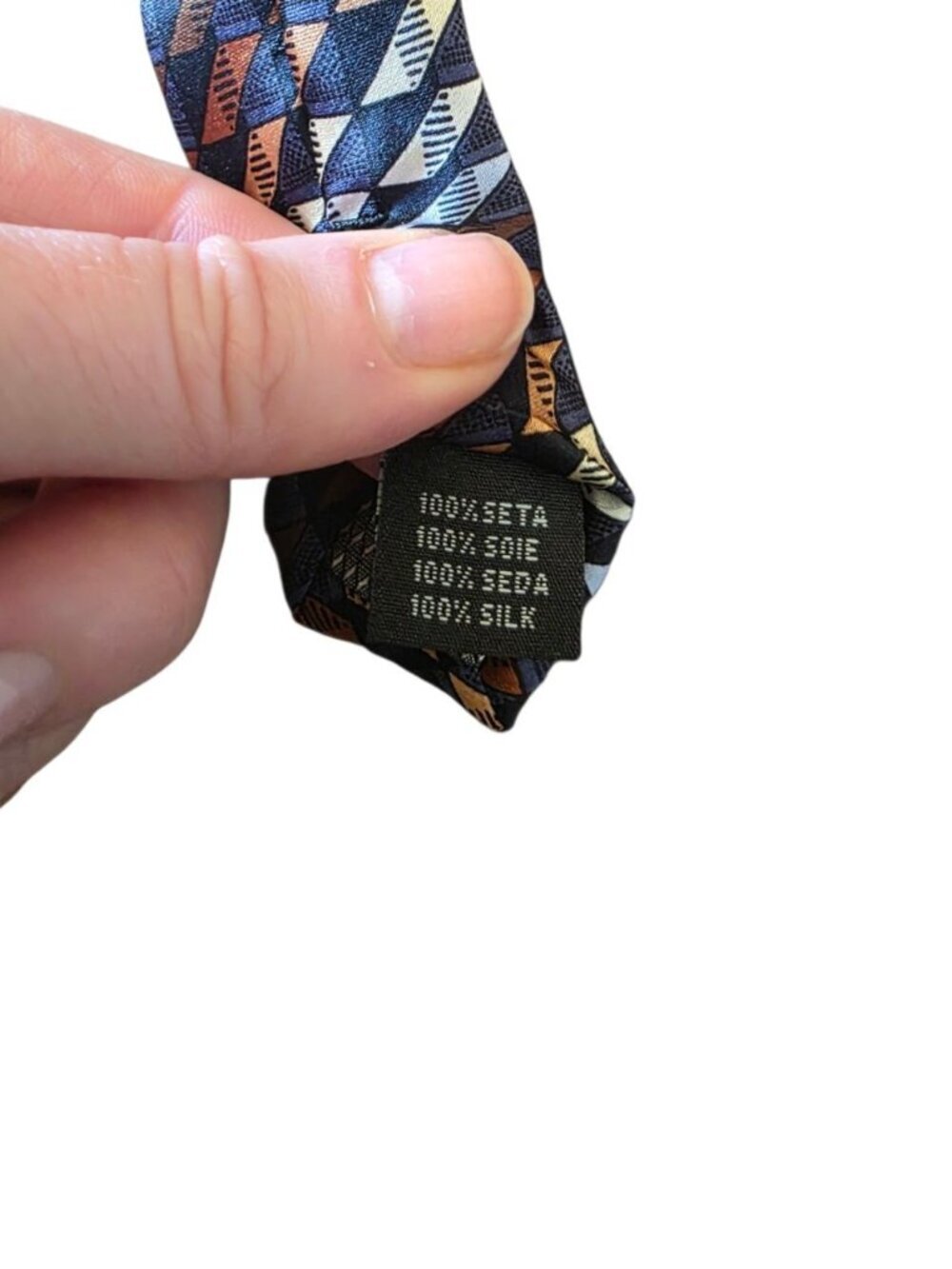 Kilburne & Finch Geometric Silk Tie Brown Blue Gold Retro Necktie 100% Silk - Picture 7 of 11